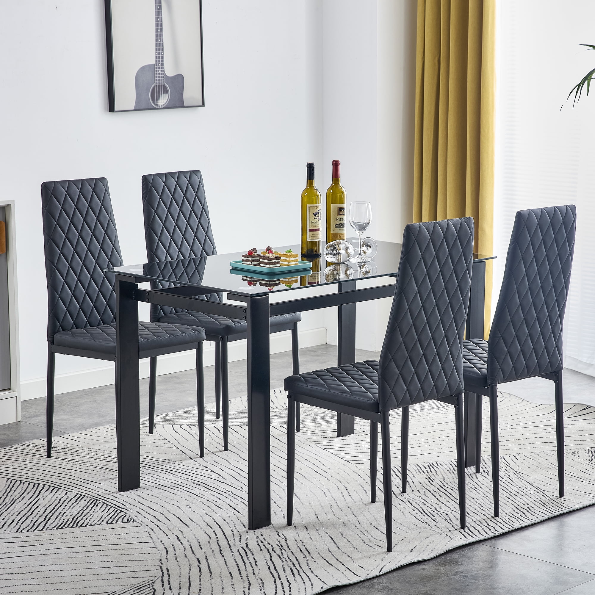 Kadyn 5 Piece Dining Table and Chair Set, Glass Kitchen Table with 4 PU Chairs, Dining Table Set for Living Dining Room for 4, Black