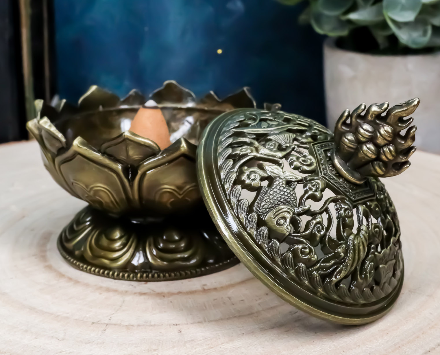 Buddha Padma Lotus Incense Holder Burner Figurine Eastern Meditation Decor 4"Dia