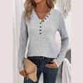 thumbnail image 2 of larppty Women's Pullover Lightweight Sweaters, Long Sleeve V Neck Ribbed Knit Shirts Casual Button Blouses Tunic Tops 2025 Fall Fashion (Light Gray, M), 2 of 7