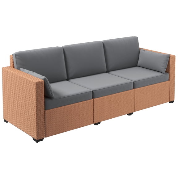 Outdoor Sofa, Wicker Patio Couch, PE Rattan 3-Seat Sofa, Outdoor Furniture with Deep Seating, Cushions, Steel Frame, Sand, Brown Patio Furniture,Steel Outdoor Sectional