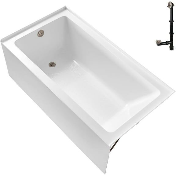 Streamline GA-300-2-BNK 60 in. x 30 in. Acrylic Left-Hand Drain Alcove Bathtub in Glossy White With External Drain in Brushed Nickel