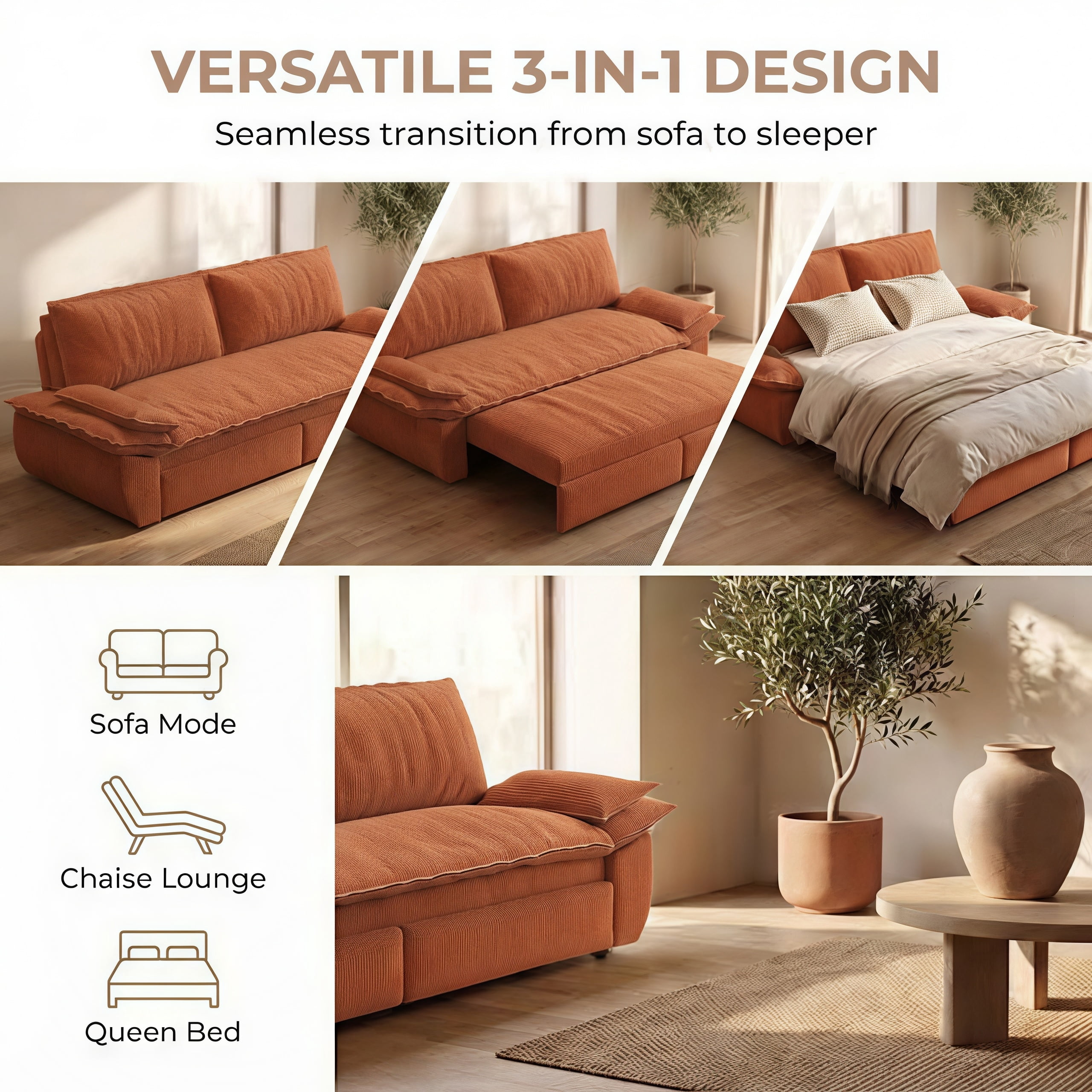 3-in-1 Queen Convertible Sleeper Sofa Bed, 73.2" Corduroy Pull Out Couch with Extra Deep Seat & Pillow Top Armrests, Modern Folding Futon Lounge, Orange