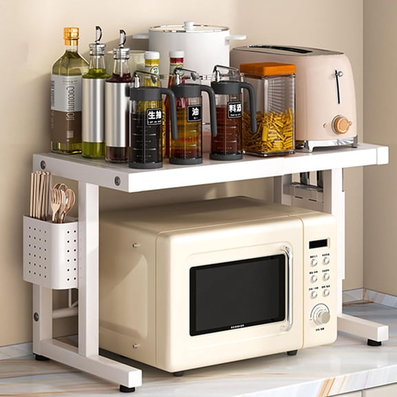 Dxcaicc Microwave Oven Shelf,Extendable 2 Tiers Adjustable Microwave Stand,Baker Rack with Chopstick Holder, Kitchen Storage Rack for Countertop,White,A