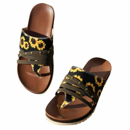 

Women s Boho Platform Flat Flip Flops Cute Sunflower Print Comfort Slip On Thong Sandals Holiday Beach Slippers