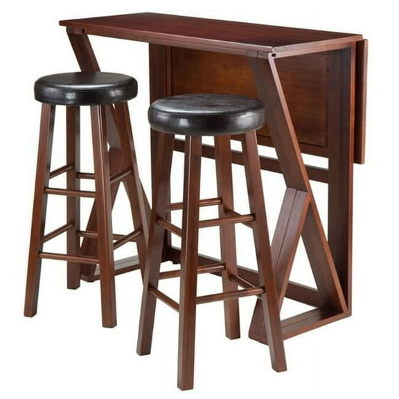 36.22 x 31.5 x 39.37 in. Harrington Drop Leaf High Table with 2-29 in. Cushion Round Seat Stools, Antique Walnut - 3 Piece