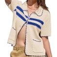 thumbnail image 3 of Womens Striped Short Sleeve Sweater Casual Knitted Button Down Crochet Cardigan Vintage Y2k Hollow-Out Tops, 3 of 6