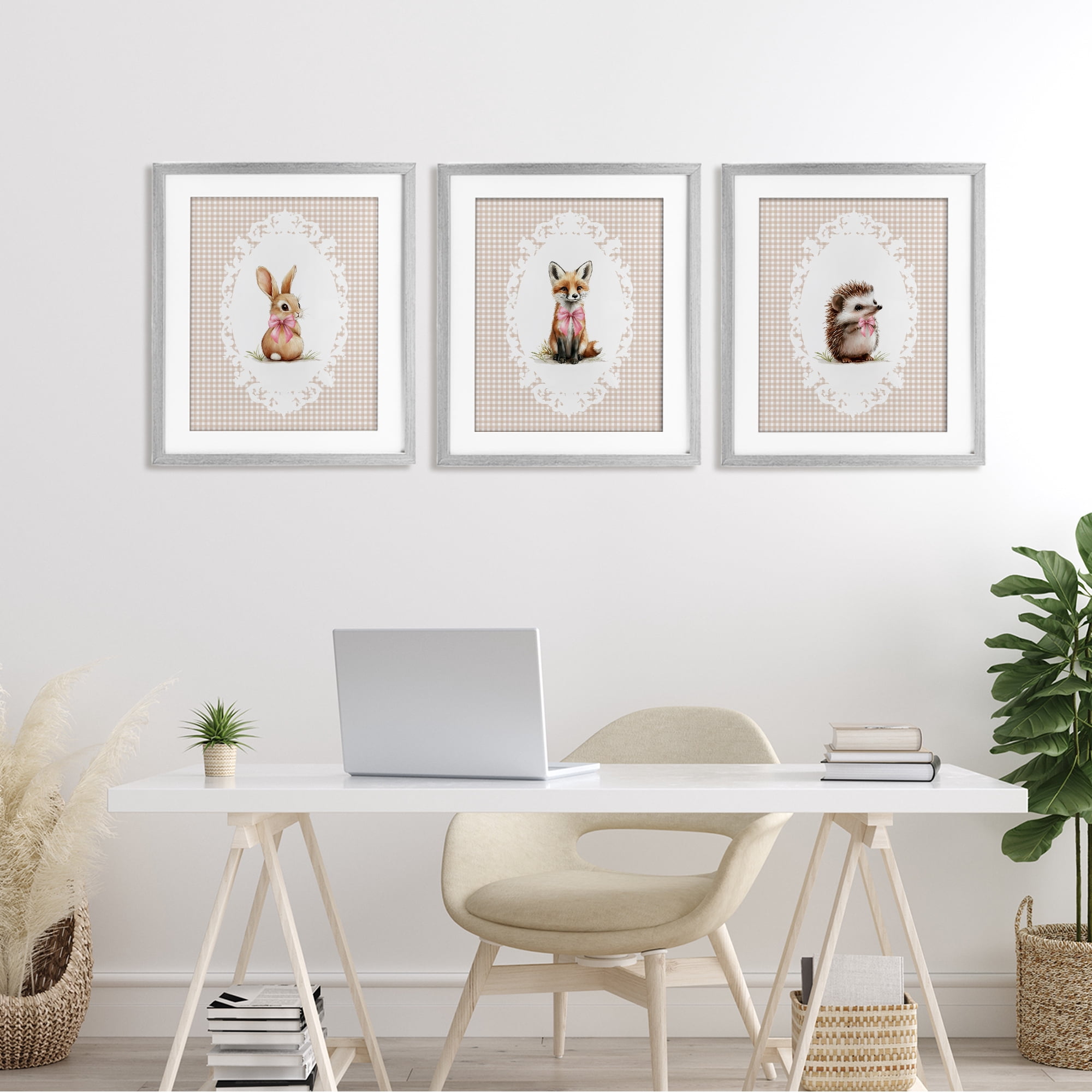 Stupell Industries Vintage Baby Bow Animals 3 Piece Gray Framed Print Under Glass Set, design by Christine Simpson Art