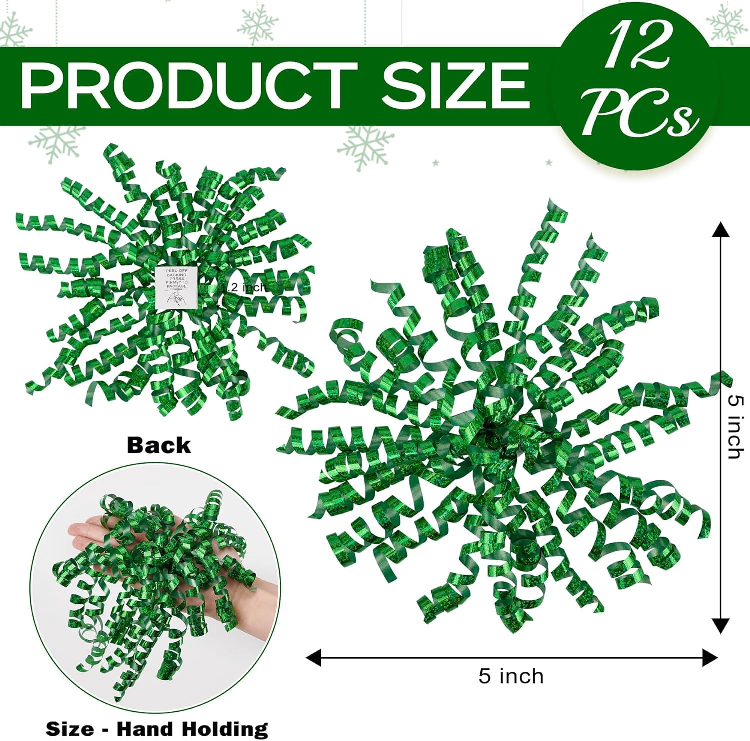 12 PCs Green Bows for Gift Wrapping 5 Inch Self Adhesive Curly Ribbon Bow for Party Favor, Gift Wrap Accessory, Metallic Christmas Bows, Premade Bows for Presents, Wine Bottles, Baskets