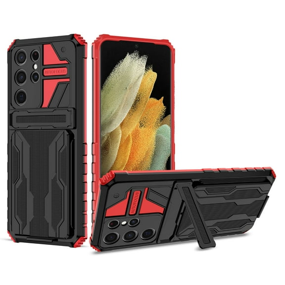 Feishell for Samsung Galaxy S22 Ultra Wallet Case Credit Card Holder Stand Kickstand Rugged Hard PC   Soft TPU Shockproof Heavy Duty Defender Armor [Military Grade Protection] Grip Phone Case, Red