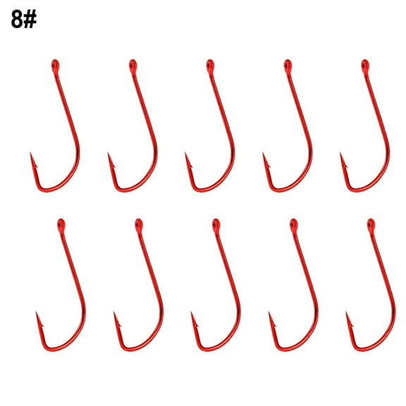 Splihome 10Pcs Long Shank Barbed Fishing Hook Double Barb Red Cover Fishhooks Size 6#~14# 8#