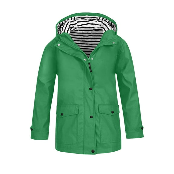 Coerni Girls Rain Jacket Waterproof Hooded Fleece Striped Lined Raincoats Kids Lightweight Windbreaker Windproof Preppy Outwear