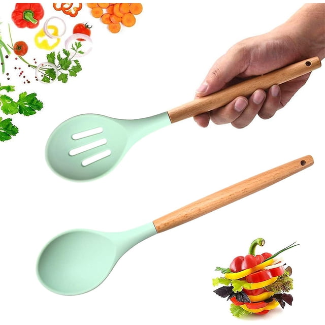 Cucharas para cocinar, cuchara de cocina de silicona, juego de utensilios de cocina de madera, juego de utensilios de cocina antiadherentes, 480f resistente al calor de goma antiad