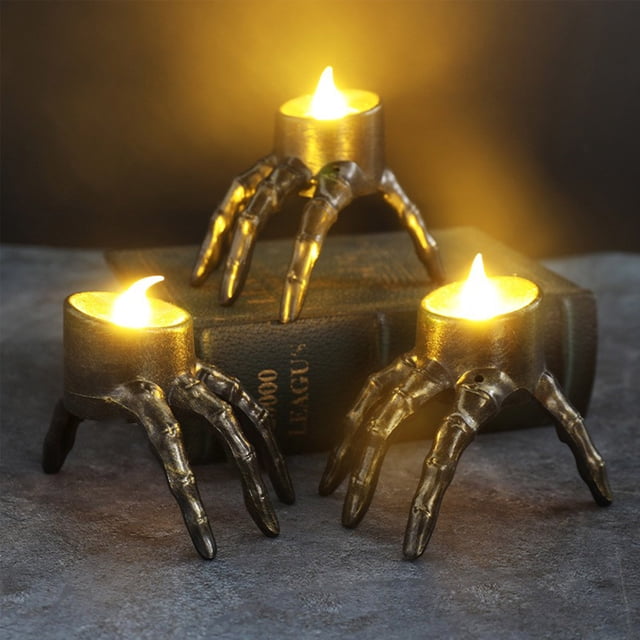 HHBEAUTY Halloween Skeleton Hand, Skeleton Candlestick Lamp, Spooky Atmosphere Night Light Decoration, LED Candle-Style Prop for Party Decor, Flameless LED Battery Operated Table Decor (5pcs)