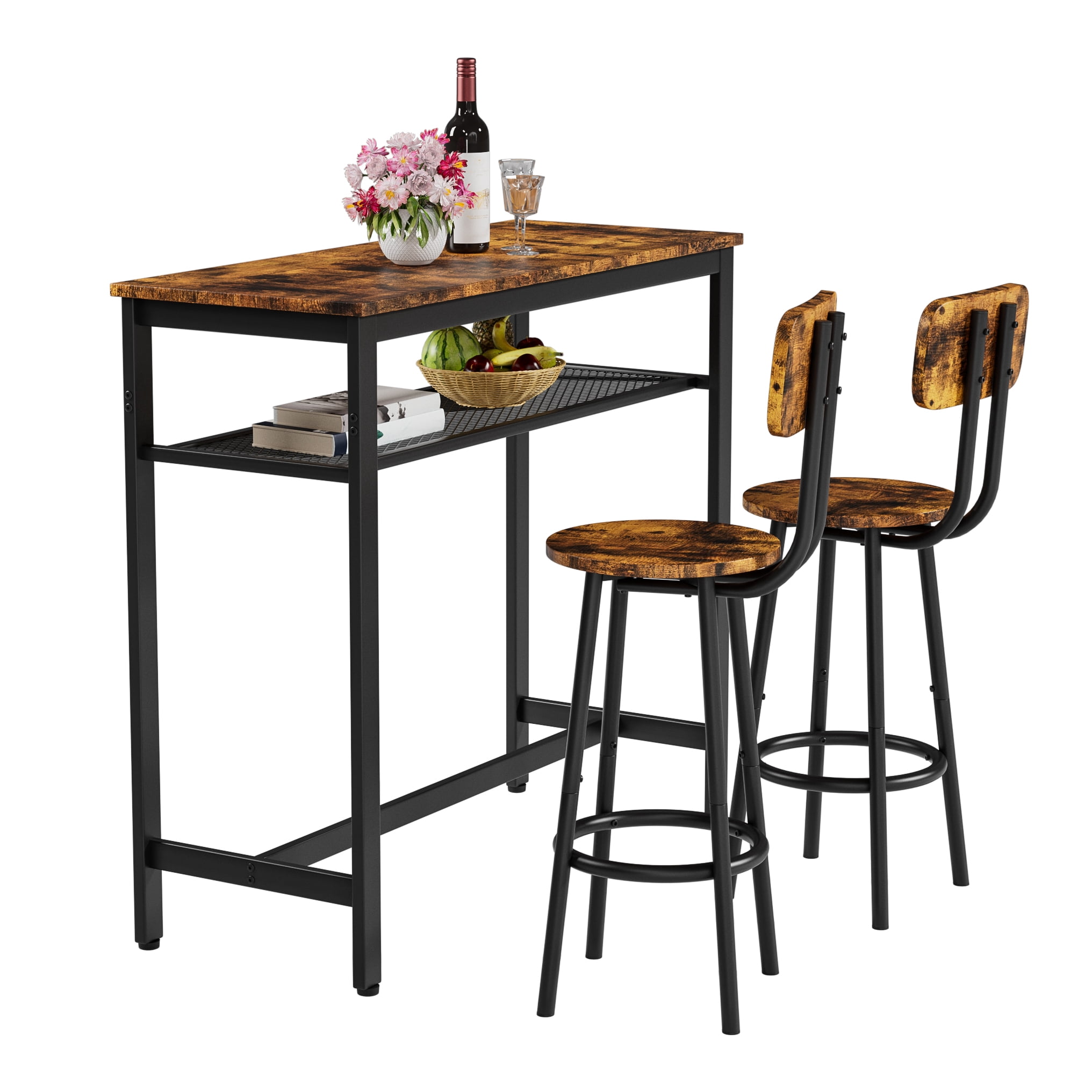3-Piece Bar Table Set,Bistro Kitchen Table Sets with Metal Frame & Storage Rack,Modern Counter Height Table with 2 Stools for Kitchen, Dining Room, Living Room,