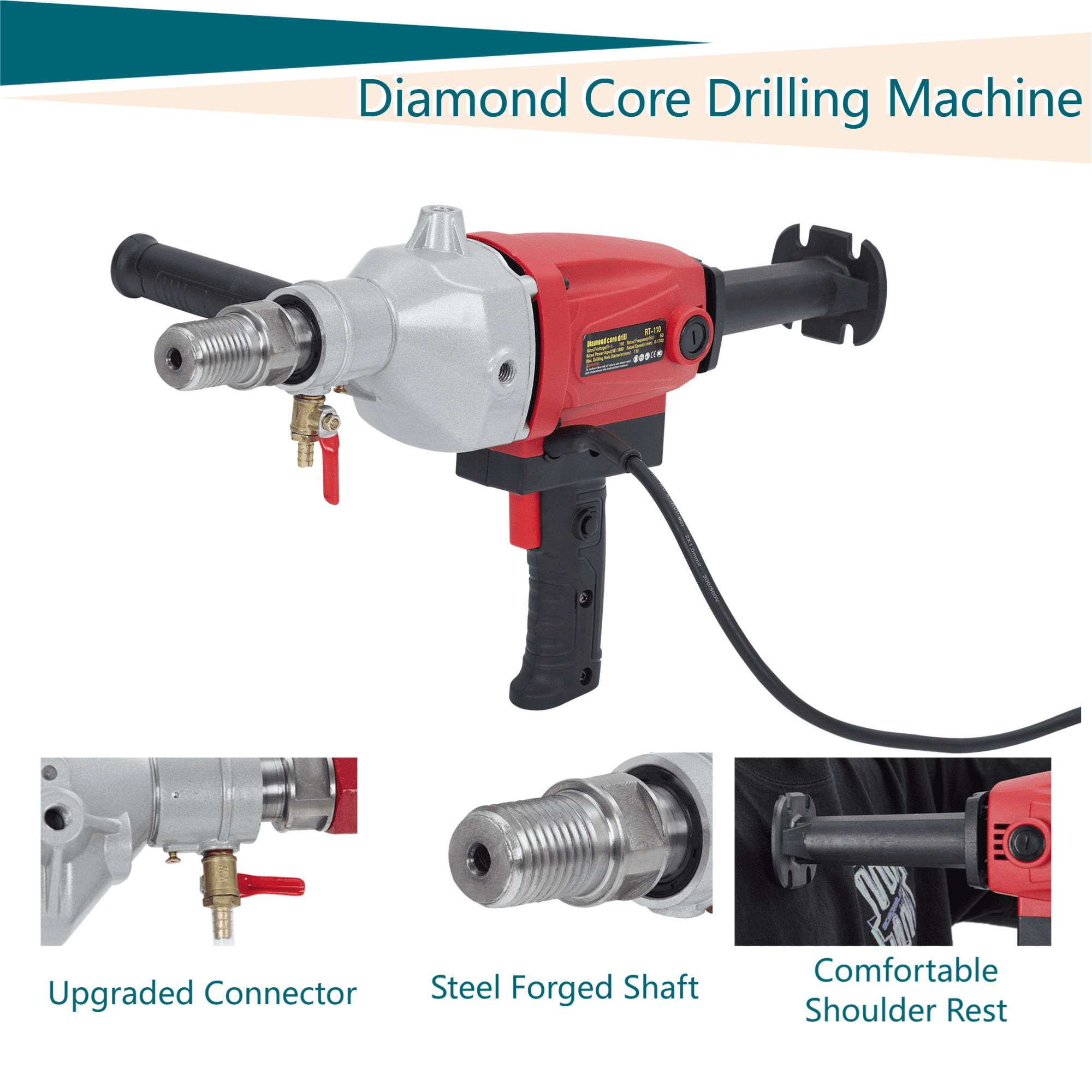 CazToi Diamond Core Drilling Machine 1500W Handheld Concrete Core Drill Rig Two Speed 1100RPM/2400RPM, 1-1/4" Thread Power Core Drill for Brick Concrete Block Stone