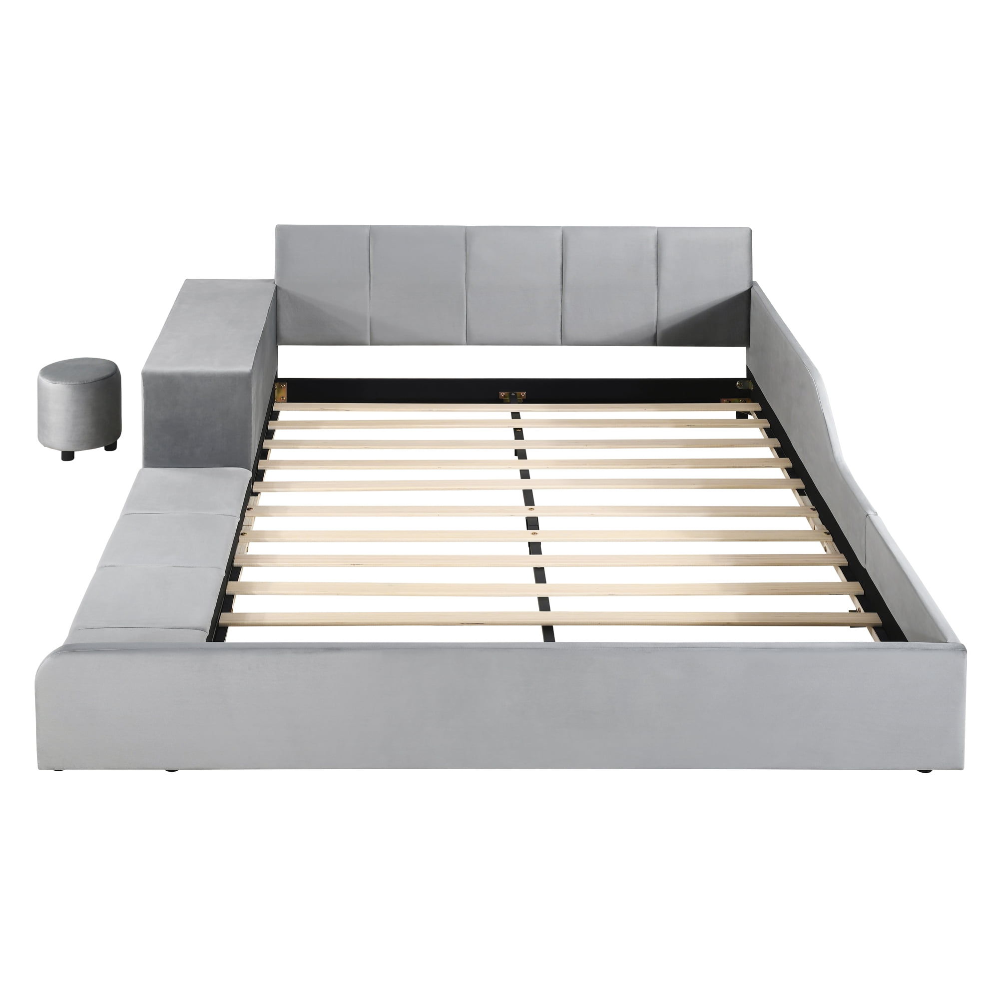 Aukfa Queen Size Mother & Child Bed Frame, Velvet Upholstered Platform Bed with Bedside Desk & Stool, Grounded Design, Gray