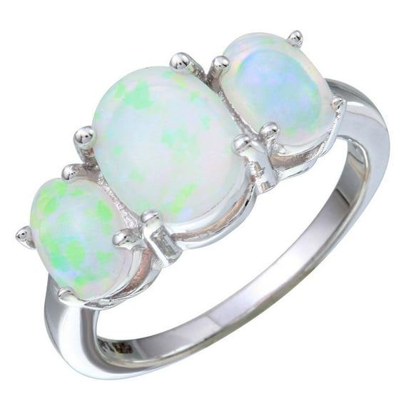 Polished Rhodium Plated 925 Sterling Silver Simulated Opal Ring Band White CZ Female Size 9