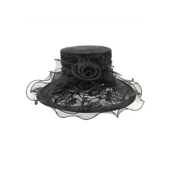 Chic Headwear Medium Lace Organza Hat w/ Two Roses - Black
