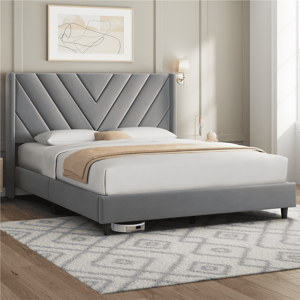 Fullfurnique Upholstered Platform Bed Frame with Wooden Slat Support, Full, Light Gray