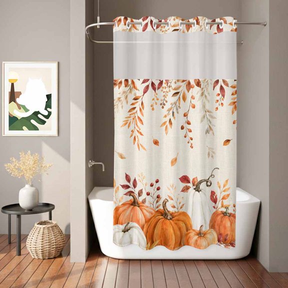 Fall Harvest Shower Curtain, Thanksgiving Orange Pumpkins Maple Leaves Linen Waterproof No Hooks Bath Shower Curtain with See Through Top Window for Bathroom Bathtub 36x72in