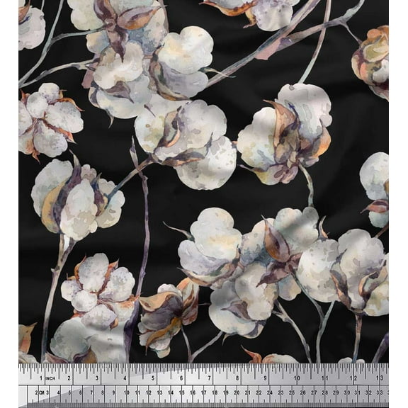 Soimoi Black Cotton Duck Fabric Cotton Ball Floral Printed Fabric 1 Yard 42 Inch Wide