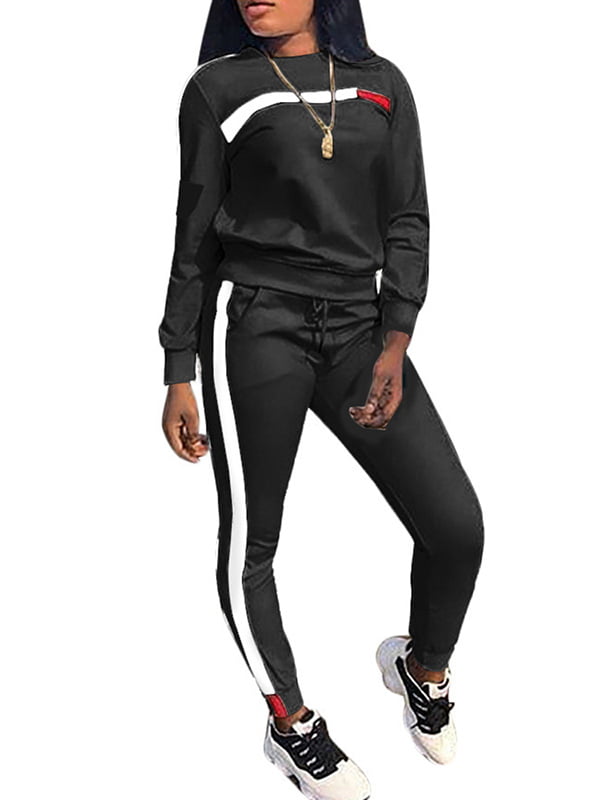 Women 2Pcs Tracksuit Long Sleeve  Zipper Sweatshirt Striped Pants Sportweat Set 