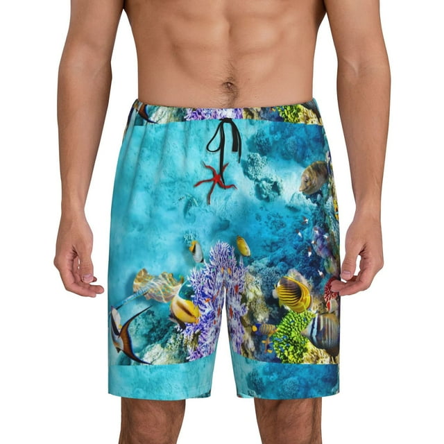 Balery Corals and Tropical Fish Pantalones cortos de pijama de punto de algodón para hombre con cinturilla y bolsillos-Large