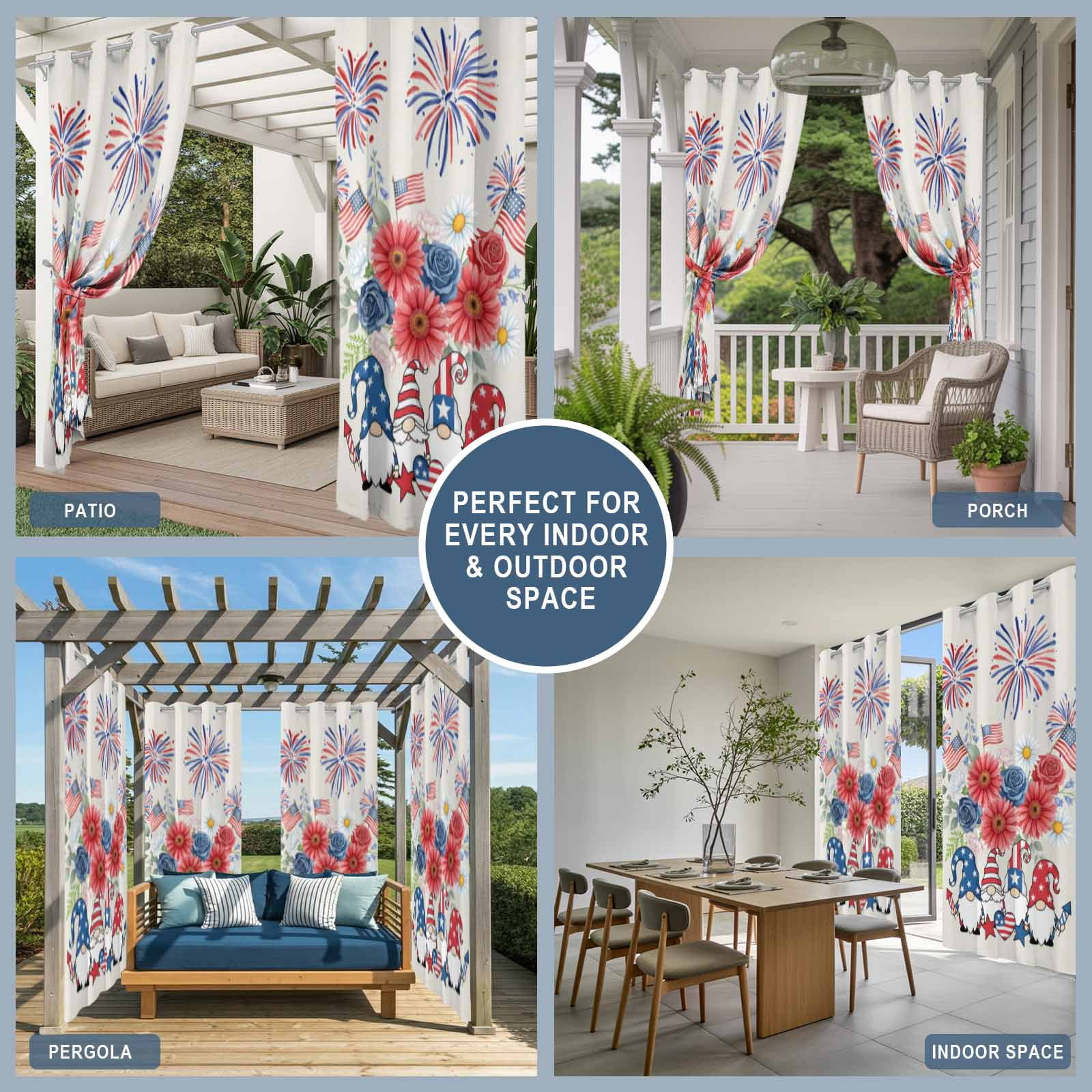 Independence Day Outdoor Curtains for Patio, Red Blue Gnome Floral Flag Fireworks Beige Sunshade Privacy Drapes Grommet Waterproof Outside Curtains for Porch/Cabana/Balcony 54"x 108", 1 Panel