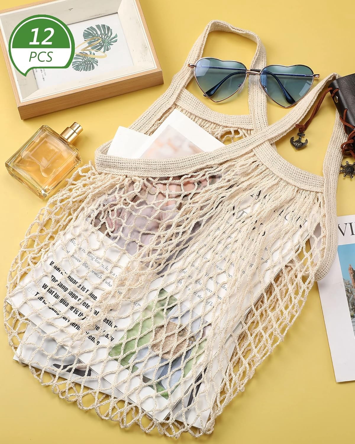 YEKEYI 12 Pcs Reusable Mesh Grocery Bag Portable Cotton Produce Container Washable Net Mesh Reusable Tote Bag with Handle