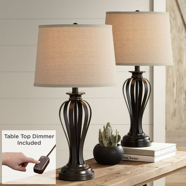 Regency Hill Farmhouse Table Lamps Set Of 2 With Top Dimmers Open Profile Bronze Fabric Drum Shade For Living Room Bedroom Com Regency Hill Farmhouse Table Lamps Set, Farmhouse Table Lamp Bronze