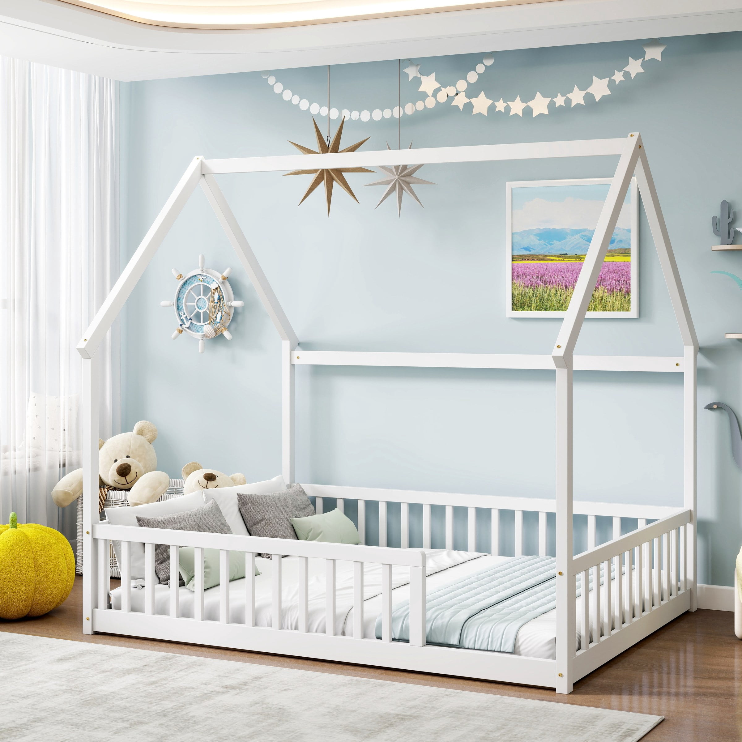Full Size House Floor Bed with Roof Frame, Pine Wood Floor Bed with Safety Guardrails, White