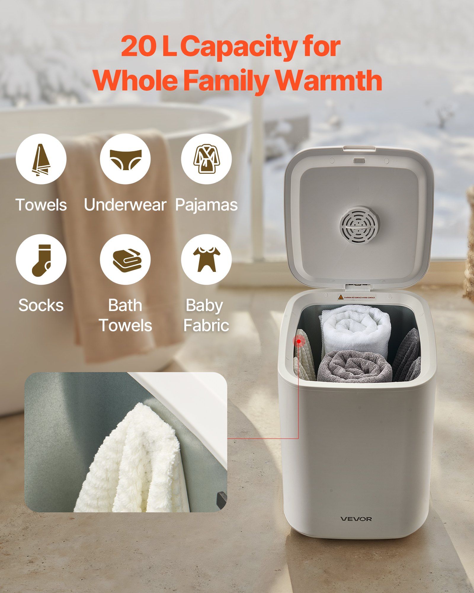 Heated Towel Warmer Bucket, 20L Electric Blanket & Towel Dryer with Digital Display, Adjustable Timer/Temp, Safety Lock, 4 Hooks for Bathroom, SPA, Bedroom, Kitchen, White