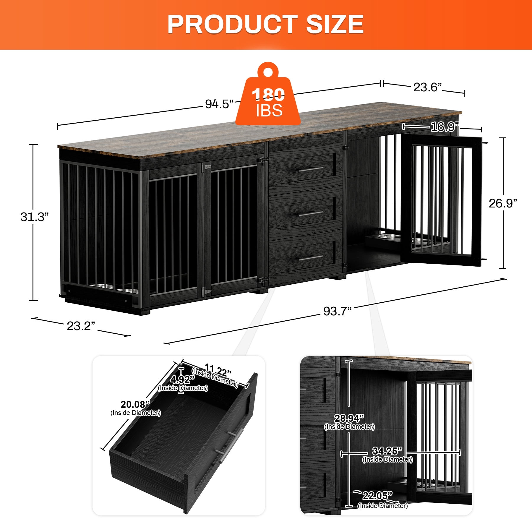 Rophefx 95.4" Dog Crate Furniture for 2 Dogs,Large Kennel with 3 Drawers and 4 Bowls,Wooden Heavy Duty Indoor Dog House,Black Brown