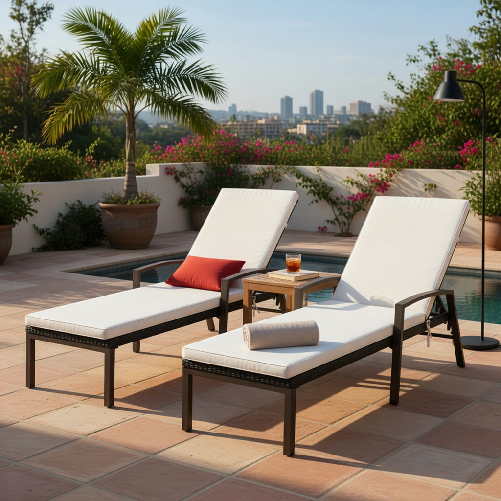 Hommoo 2-Pack Outdoor Rattan Reclining Chaise Lounge Chairs with Removable Cushions, 5-Position Adjustable Backrest for Patio, Deck or Poolside, Red