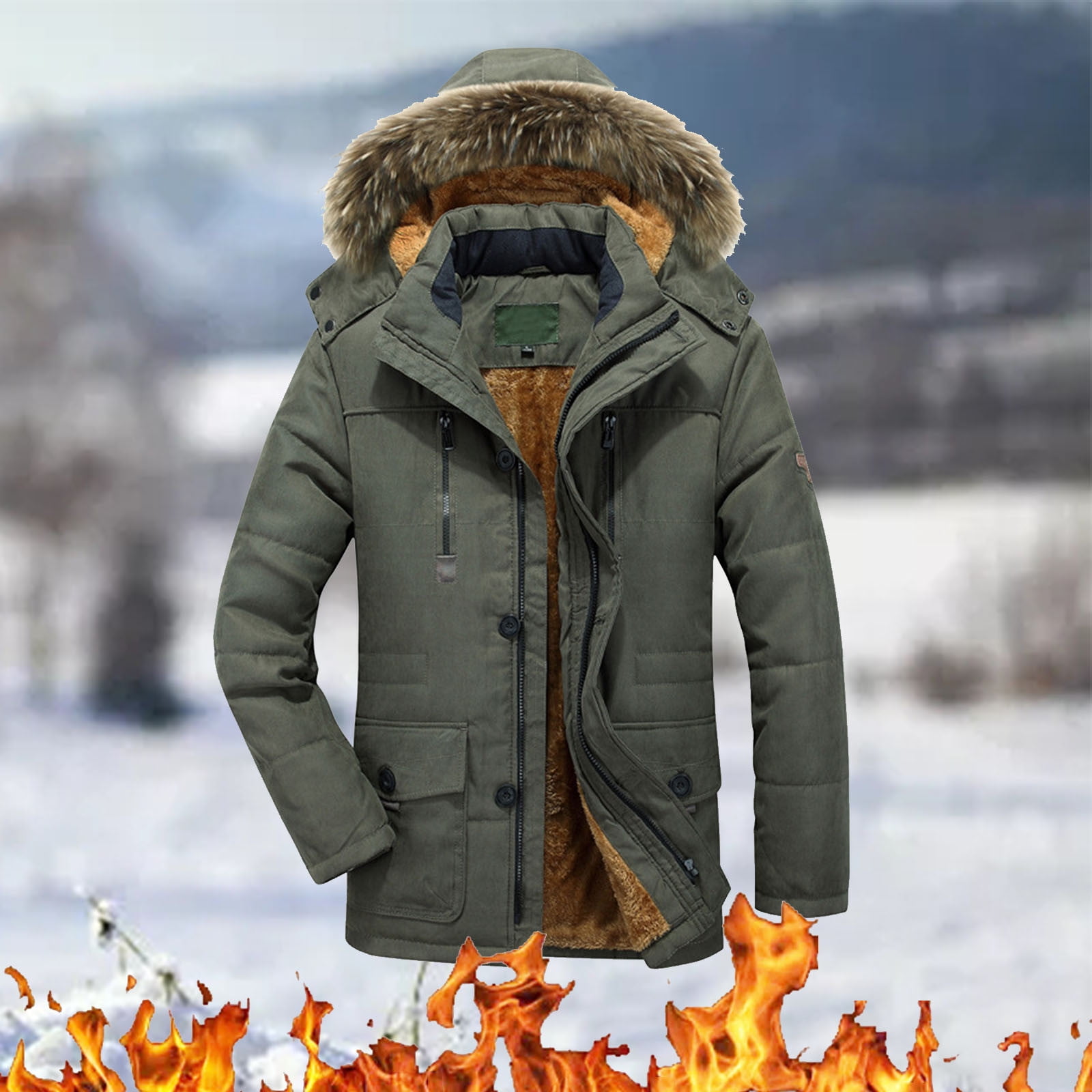 Army Green Men'S Autumn&Winter Solid Color Long Sleeved Jacket Hooded Plush  Collar Parkas