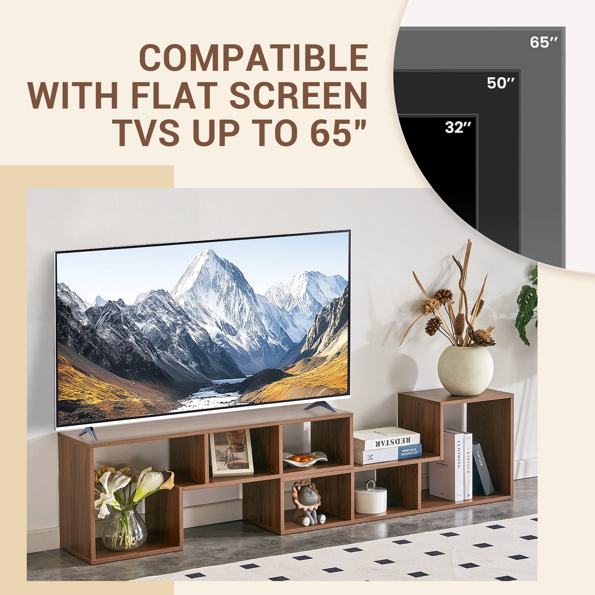2-Piece L-Shaped Modular Cube TV Stand, Freely Combinable Entertainment Center with 6 Open Storage Cubbies, Adjustable Length 55"-80" Media Console Bookcase for Living Room Bedroom