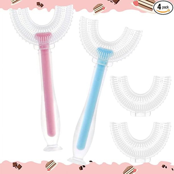 Cepillo de dientes en forma de U para niños, cepillo de dientes de entrenamiento manual con cabezal de cepillo de silicona suave desmontable de grado alimenticio, diseño de limpieza de dientes orales