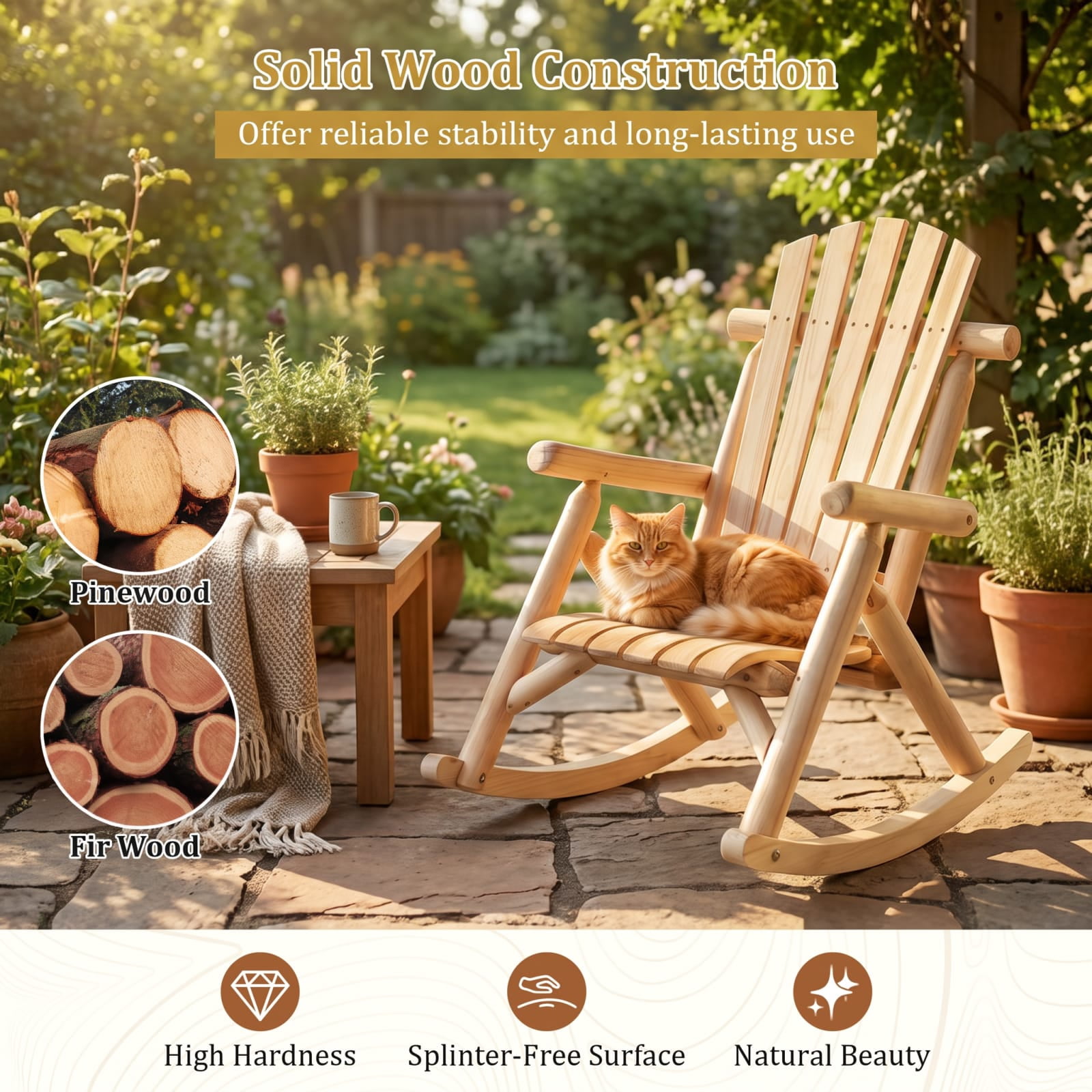 Furnibear Outdoor Rocking Chair for Patio Garden Backyard Outdoor Fir Wood 330 lbs Capacity Brown/Natural