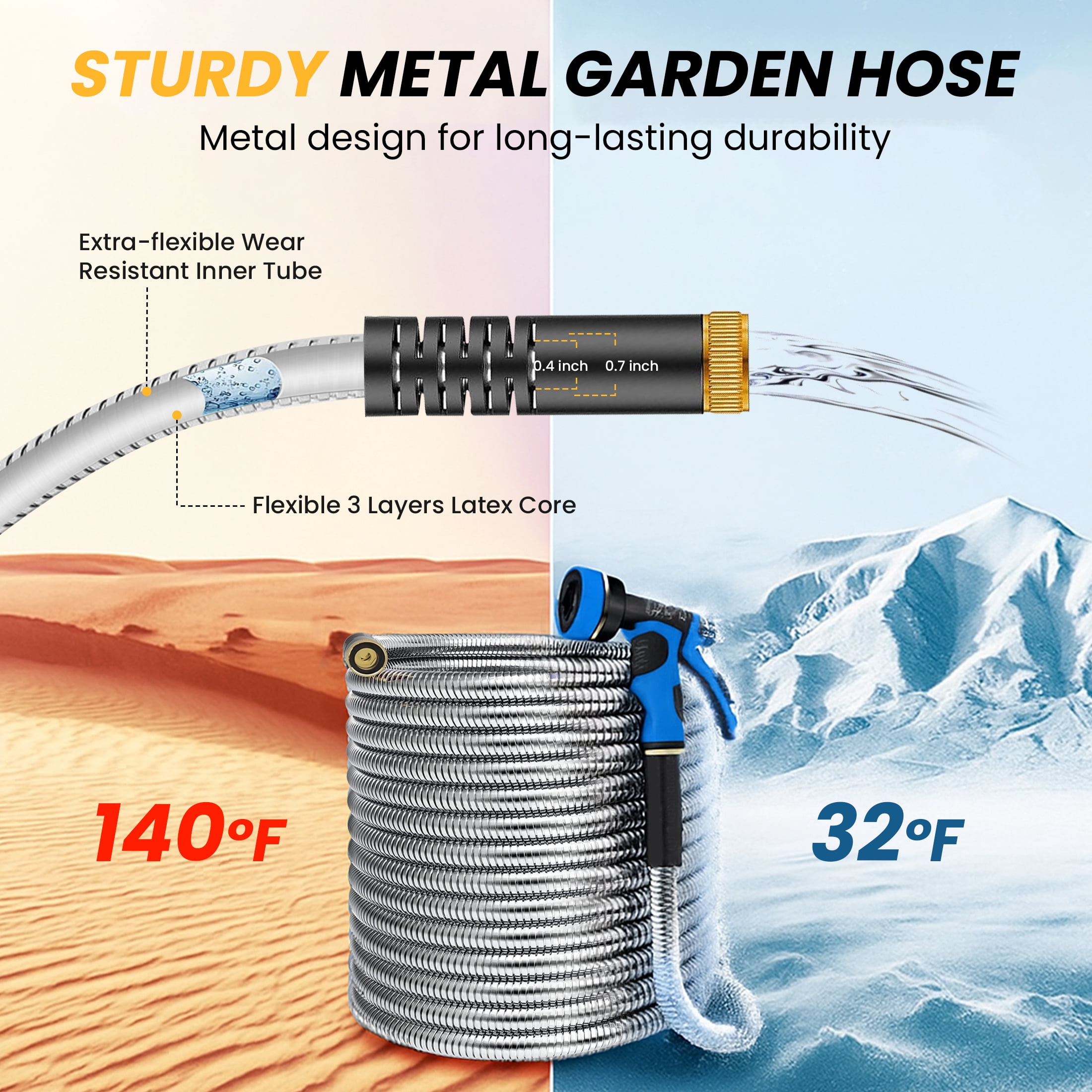 SAIDESI Garden Hose 100 ft, Stainless Steel Water Hose with 10 Function Nozzle Flexible, Heavy Duty, Lightweight, No-Kink, Pet Proof, Puncture Proof Hose Metal for Yard,Outdoor