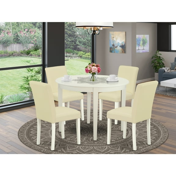 Round Kitchen Table Set 5pc - 42" Table & 4 Parsons Chairs - White PU Leather - Baroque Design