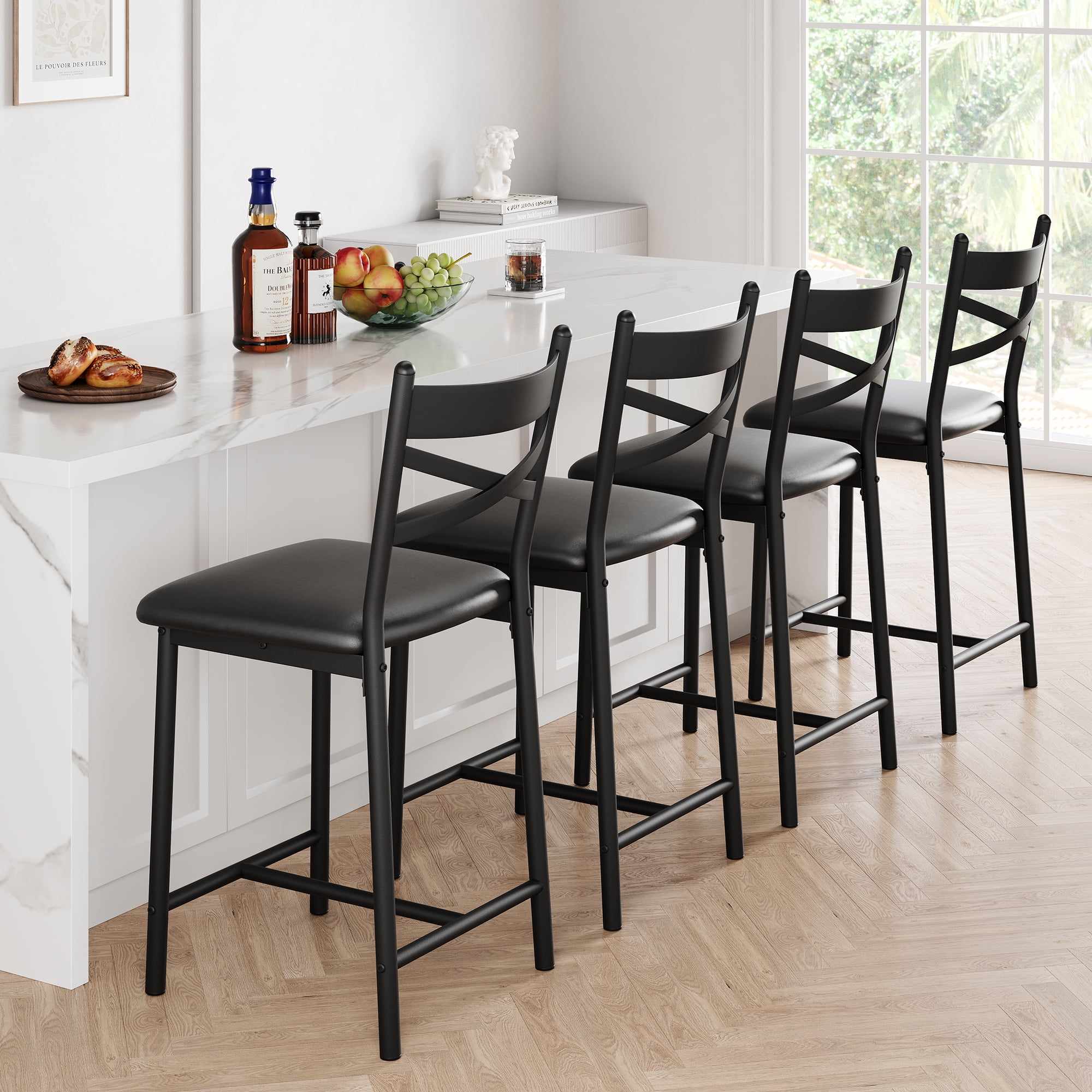Modern Bar Stool Set of 2, Upholstered Counter Height Bar Chairs with X-Back, Soft PU Leather, Heavy Duty Metal Frame for Kitchen Island Restaurant