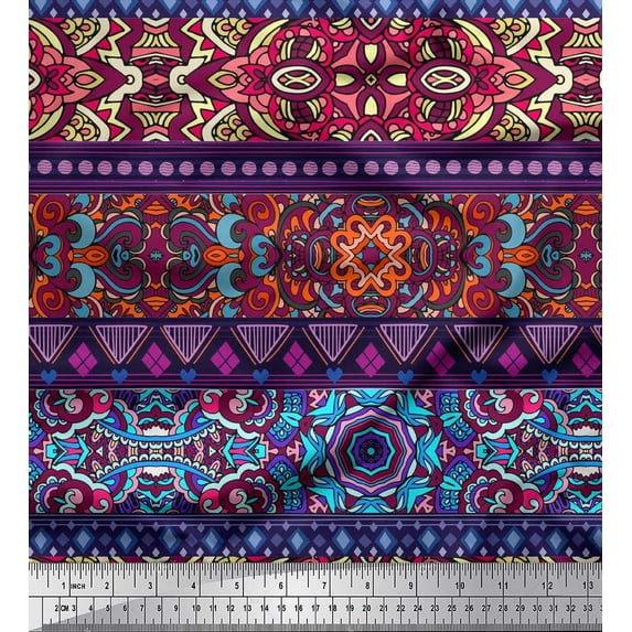 Soimoi Rayon Crepe Fabric Stripe,Mosaic & Mandala Kaleidoscope Printed Craft Fabric by the Yard 46 Inch Wide