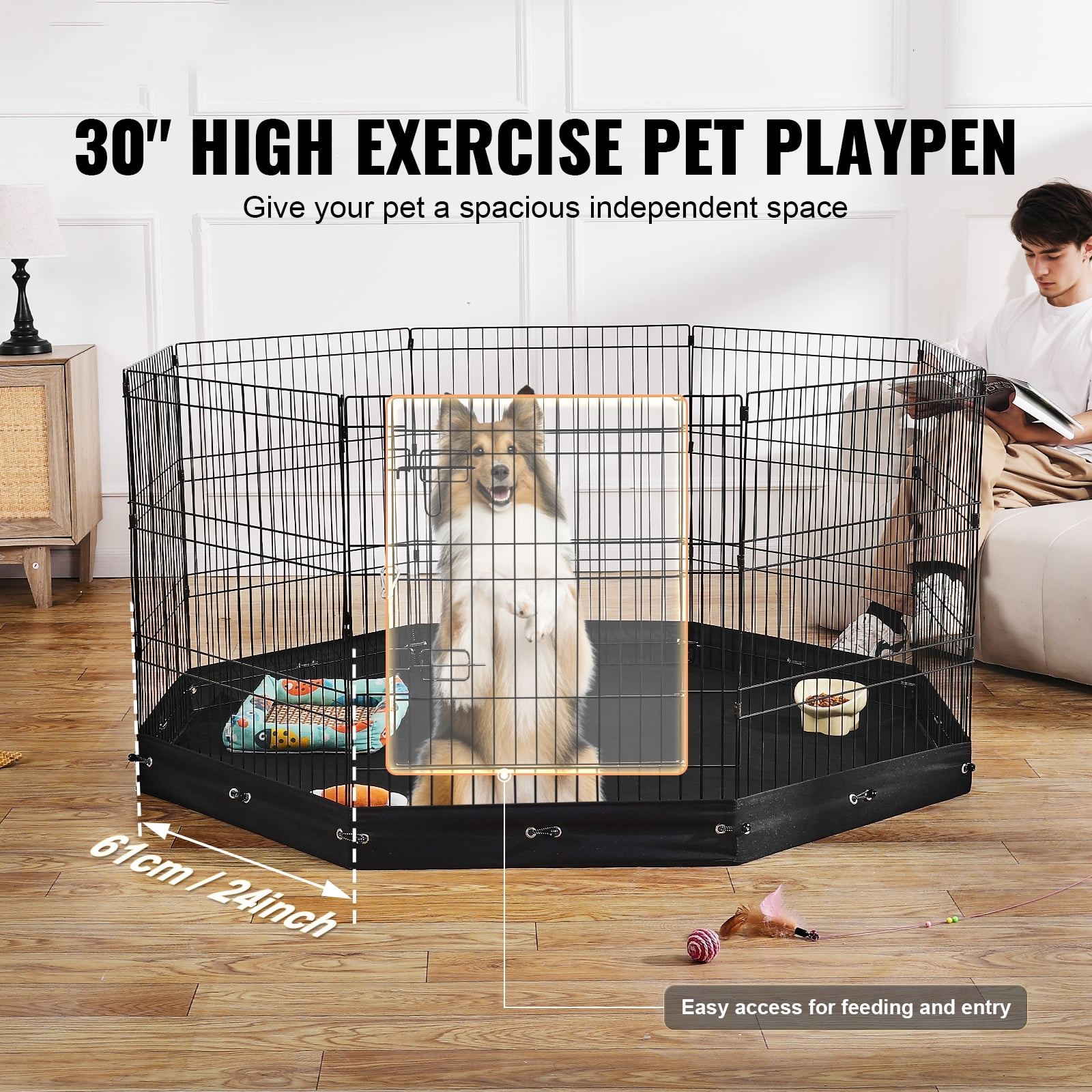KFFKFF Canine Enclosure, 8 Panels Dog Playpen with Mat, 30"H x 24"W Collapsible Pet Activity Area, Indoor and Outdoor Canine Barrier with Entrance