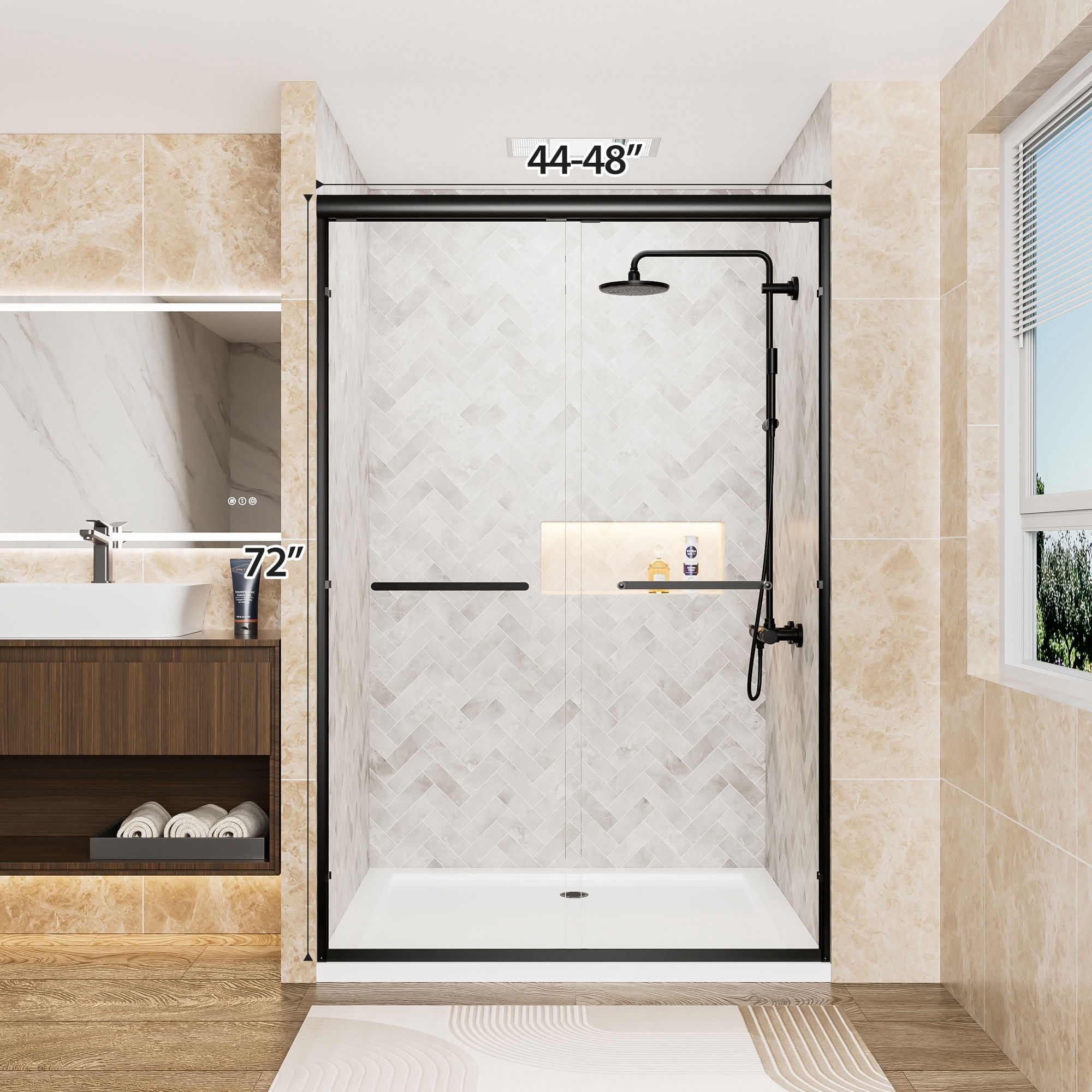 MAYEERTY Double Sliding Shower Door, Matte Black Aluminum Frame, 1/4" Tempered Safety Glass with Explosion-Proof Film, Waterproof & Reversible Installation