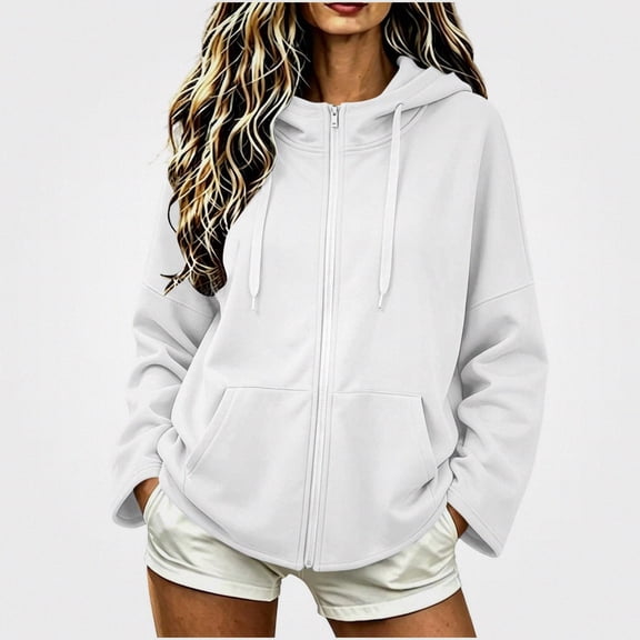 DJDLJWCJ Women's Full Zip Hoodies Loose Fit Long Sleeve Hoodie Sweatshirts Solid Color Lightweight Hooded Jacket White Size M