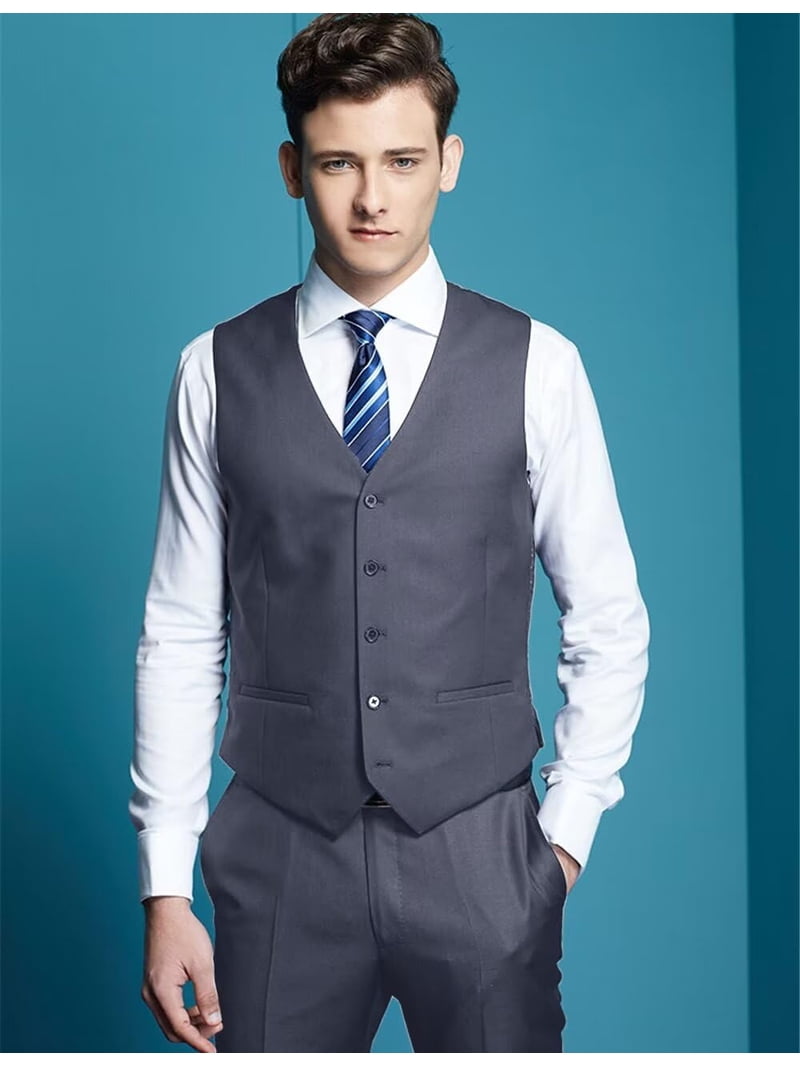 blue dress pants with grey vest 42 Dusty Blue Regular Fit 3 Piece Suit with Vest and Adjustable Waist Band  Pants