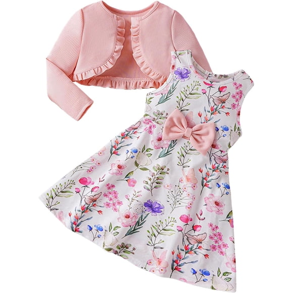 JiAmy Ensemble Robe et Cardigan pour Filles Manteau Tricoté pour Tout-Petits Robes à Imprimé Floral 2 Pcs Tenues Vêtements pour 12 Mois-7 Ans