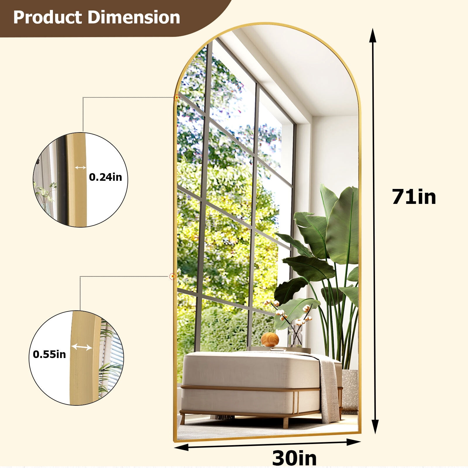 Mirrosa 30.1"x71" Arched Full Length Mirror with Stand Standing Mirror,Gold