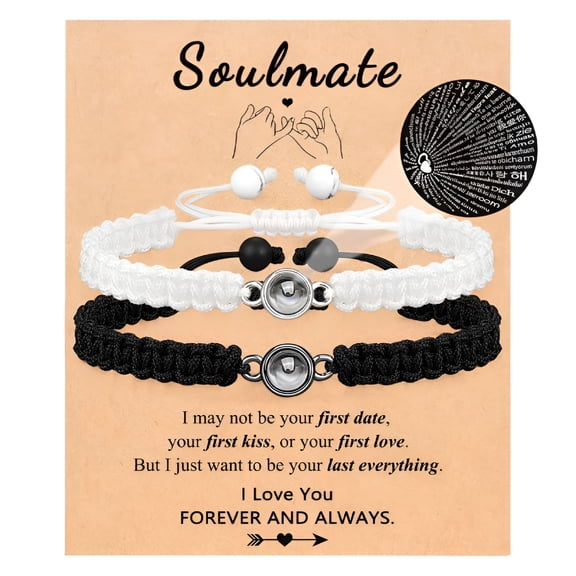 DESIGNICE Couple Woven Bracelet with Card Projection of 100 Languages I Love You Bracelets for Women Men Valentines Day Birthday Gifts for Girlfriend Boyfriend Wife Matching Bracelets