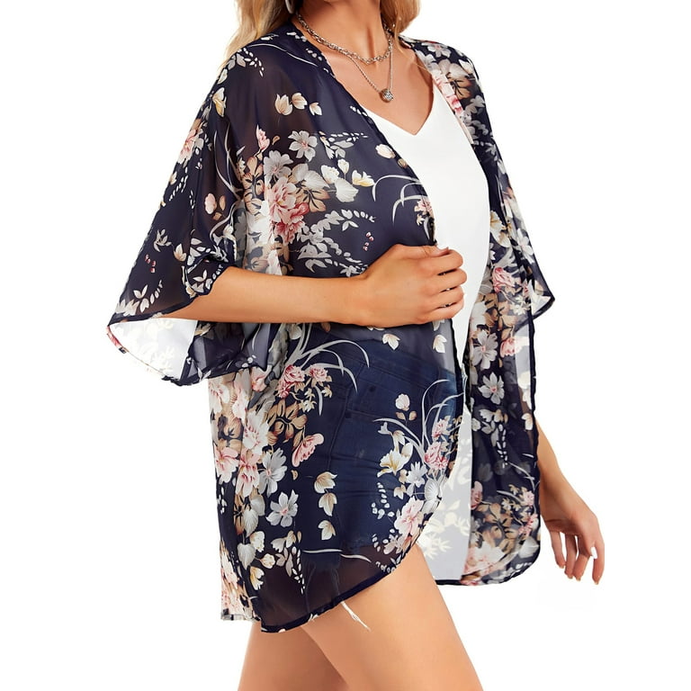 UVN Womens Summer Cover-Ups Plus Size Floral Print Kimono Cardigan Casual  Short Sleeve Tops Female Loose Fit Coverups